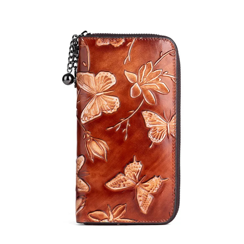 Damen Clutch mit Reißverschluss ⎜ Vintage Design mit floraler Prägung und praktischer Handgelenksschlaufe