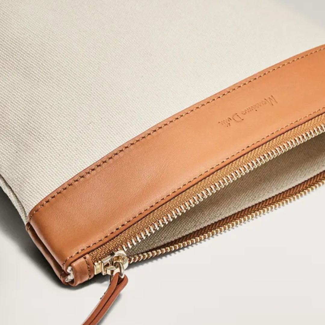 Kosmetiktasche für Damen ⎜ Robustes Baumwollmaterial mit Lederakzent und praktischem Reißverschluss-Design