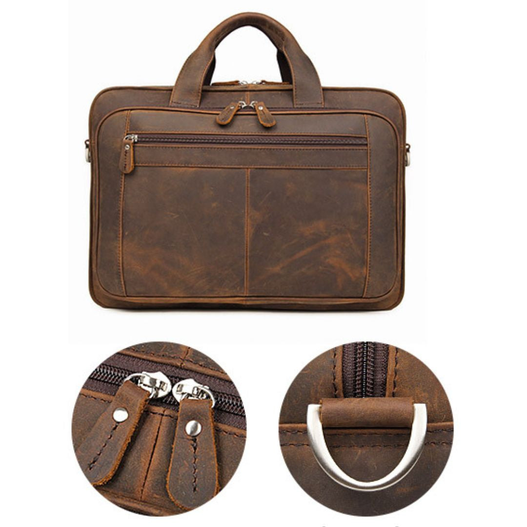 Leder Laptop Tasche für Herren ⎜ Robuste Umhängetasche mit mehreren Fächern für Business und Freizeit