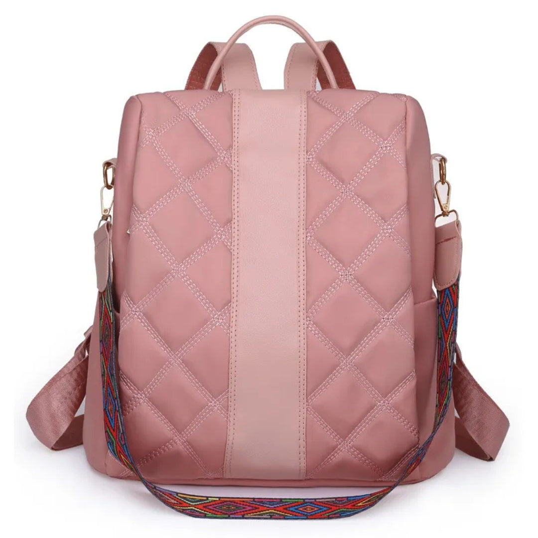 Damen Rucksack ⎜ Modischer Rauten-Design Träger mit buntem Schulterriemen