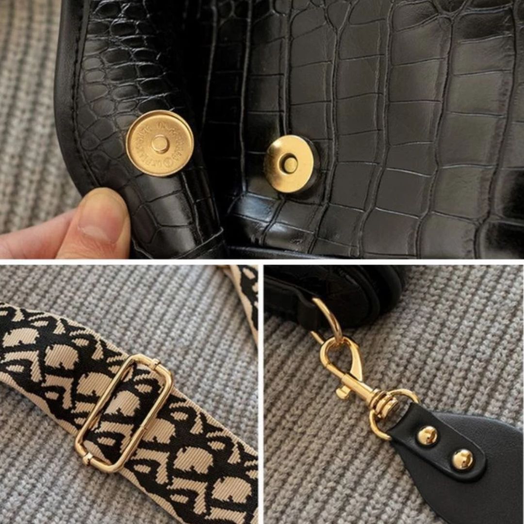 Schultertasche für Damen ⎜ Krokodil-Design mit verstellbarem Riemen und goldener Verzierung