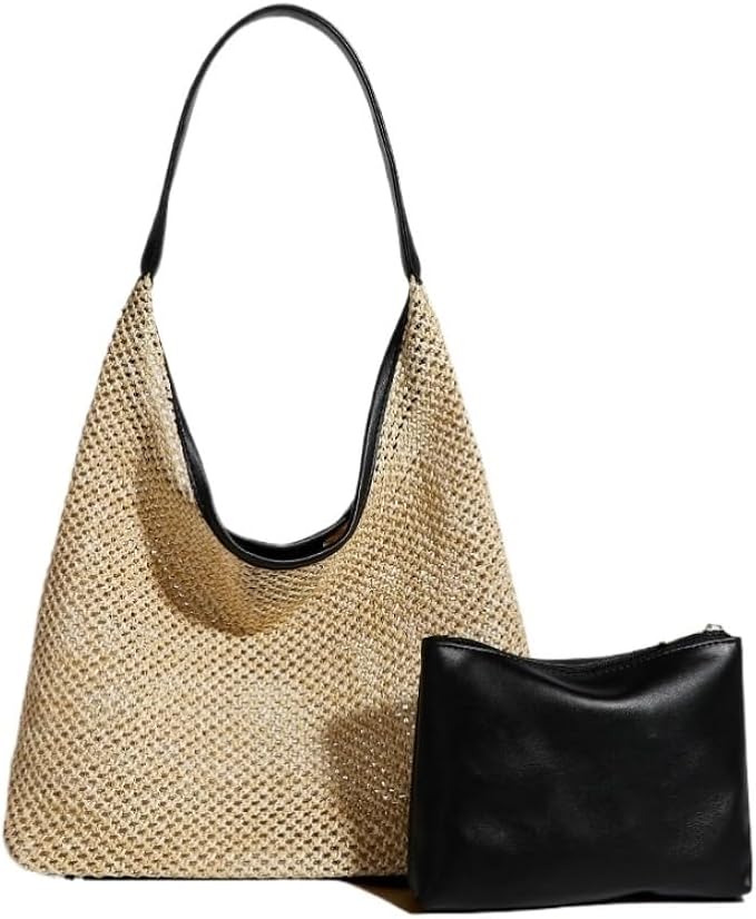 Strandtasche ⎜ Große, praktische Shopper-Tasche aus geflochtenem Stroh mit zusätzlichem Beutel