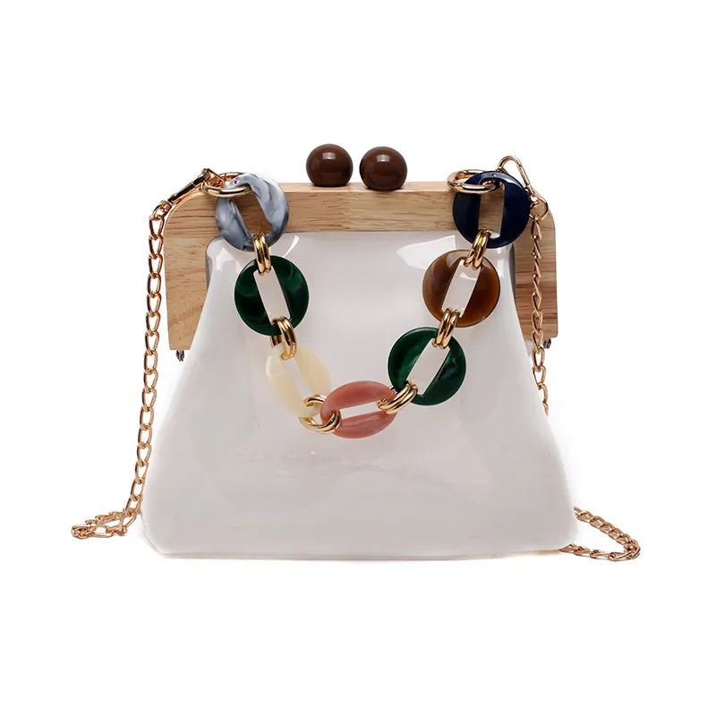 Transparente Umhängetasche für Damen ⎜ Modische Tasche mit Ketten-Detail und Holzverschluss