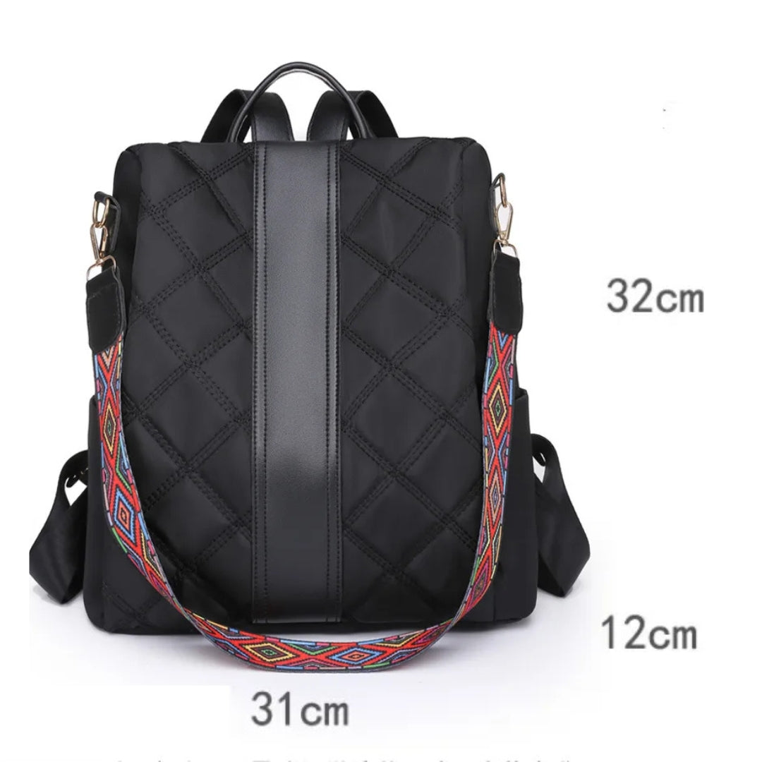 Damen Rucksack ⎜ Modischer Rauten-Design Träger mit buntem Schulterriemen