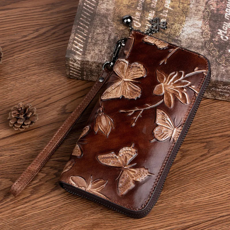 Damen Clutch mit Reißverschluss ⎜ Vintage Design mit floraler Prägung und praktischer Handgelenksschlaufe