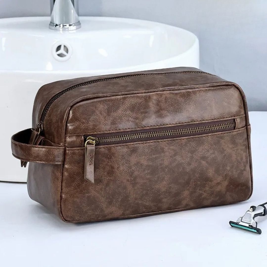 Leder Kulturbeutel für Herren ⎜ Große Reise-Tasche mit praktischen Fächern und robustem Reißverschluss