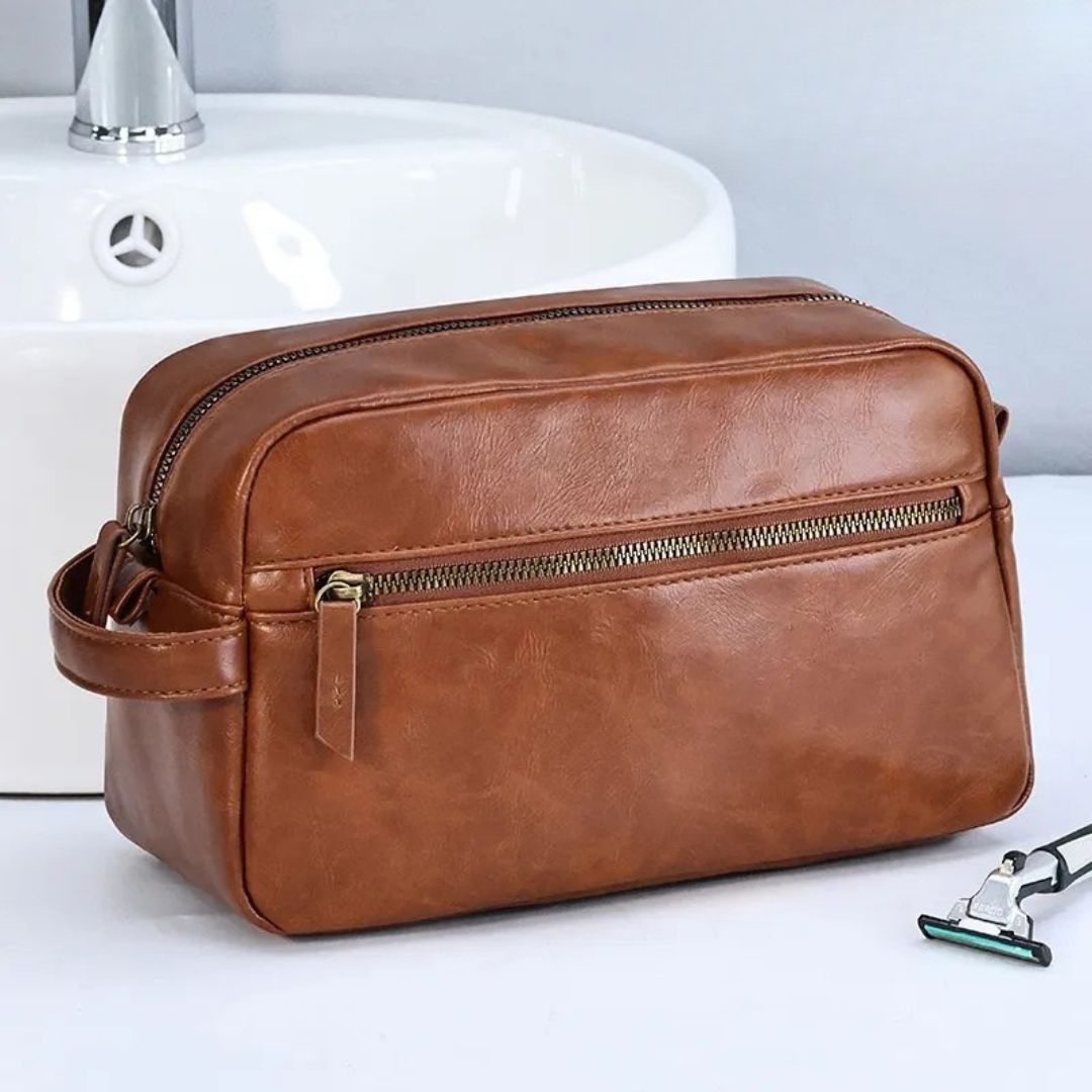 Leder Kulturbeutel für Herren ⎜ Große Reise-Tasche mit praktischen Fächern und robustem Reißverschluss
