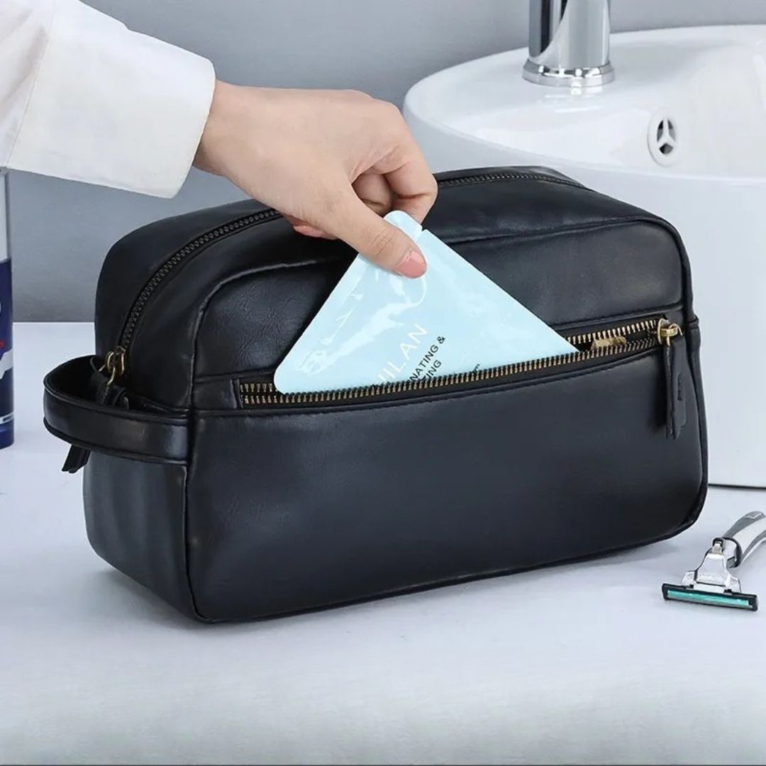 Leder Kulturbeutel für Herren ⎜ Große Reise-Tasche mit praktischen Fächern und robustem Reißverschluss