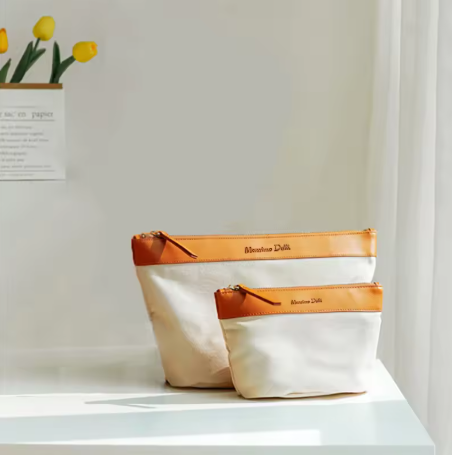 Kosmetiktasche für Damen ⎜ Robustes Baumwollmaterial mit Lederakzent und praktischem Reißverschluss-Design