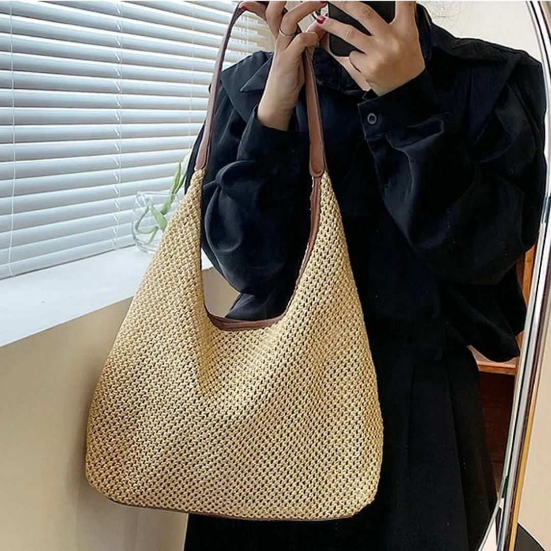Strandtasche ⎜ Große, praktische Shopper-Tasche aus geflochtenem Stroh mit zusätzlichem Beutel
