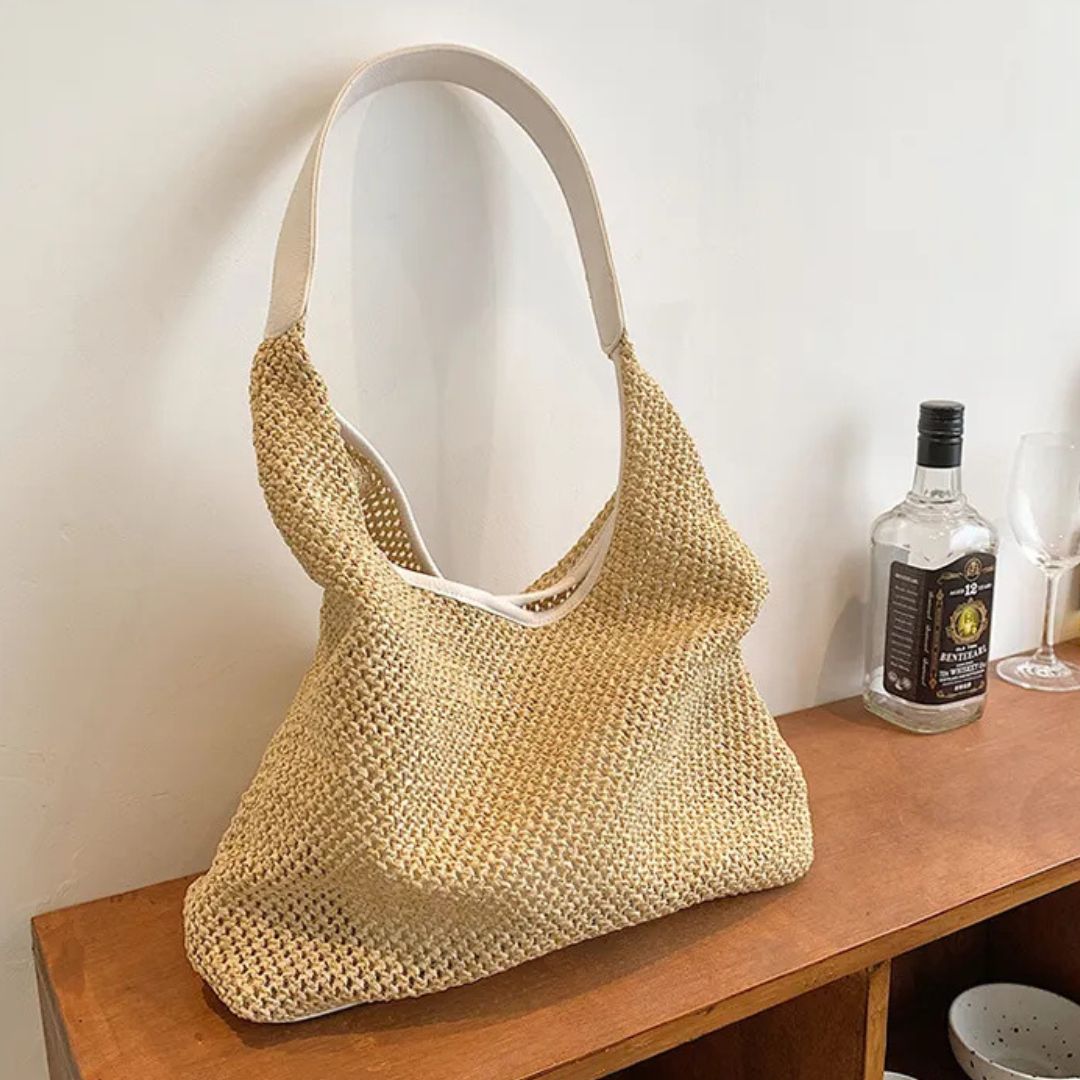 Strandtasche ⎜ Große, praktische Shopper-Tasche aus geflochtenem Stroh mit zusätzlichem Beutel