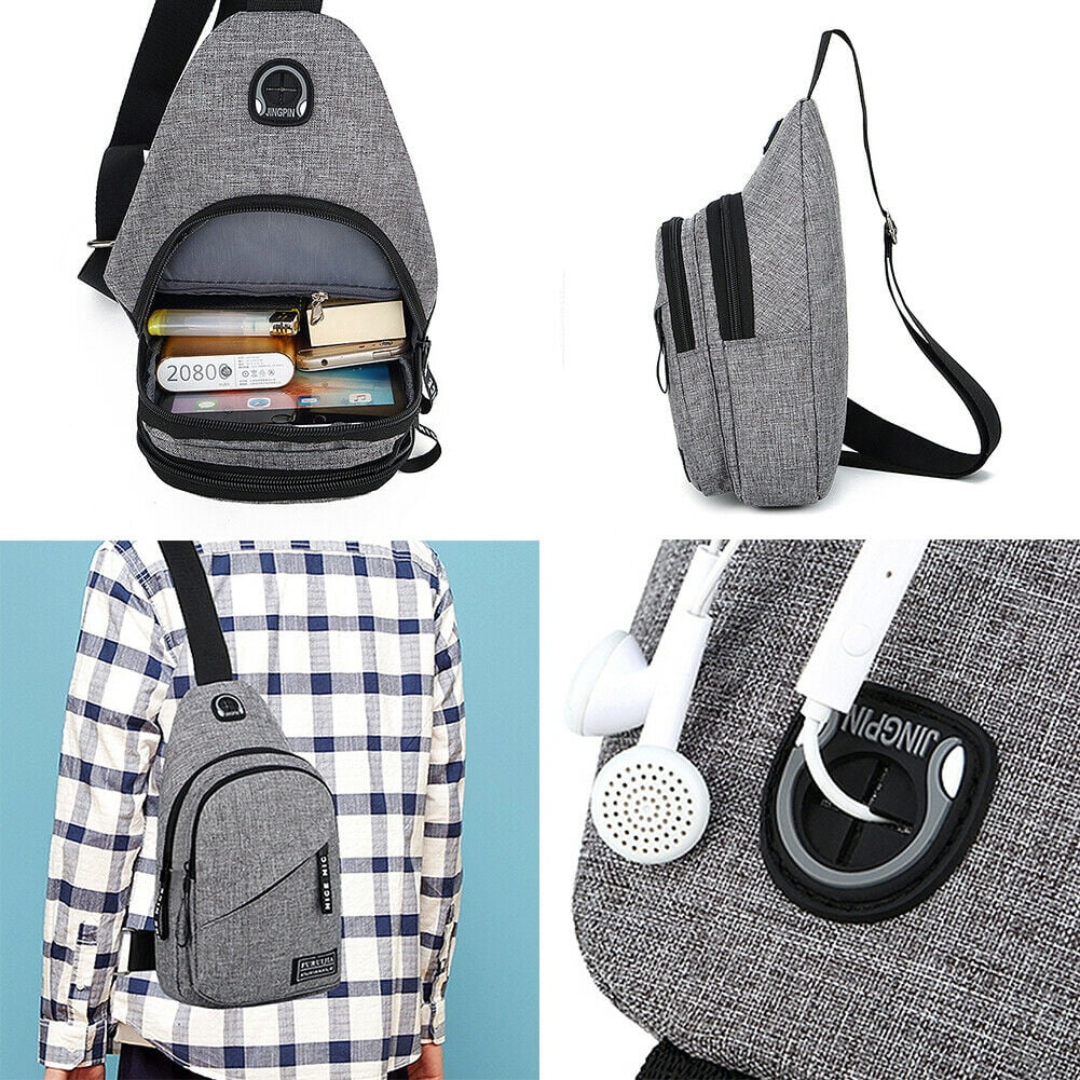 Umhängetasche für Herren ⎜ Leichte Schultertasche aus Oxford-Stoff mit Kopfhöreröffnung und Reißverschluss