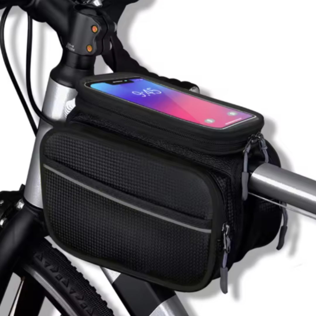 Fahrrad-Rahmentasche mit Handyfach ⎜ Wasserdichte Oberrohrtasche mit Stauraum und Touchscreen-Fenster