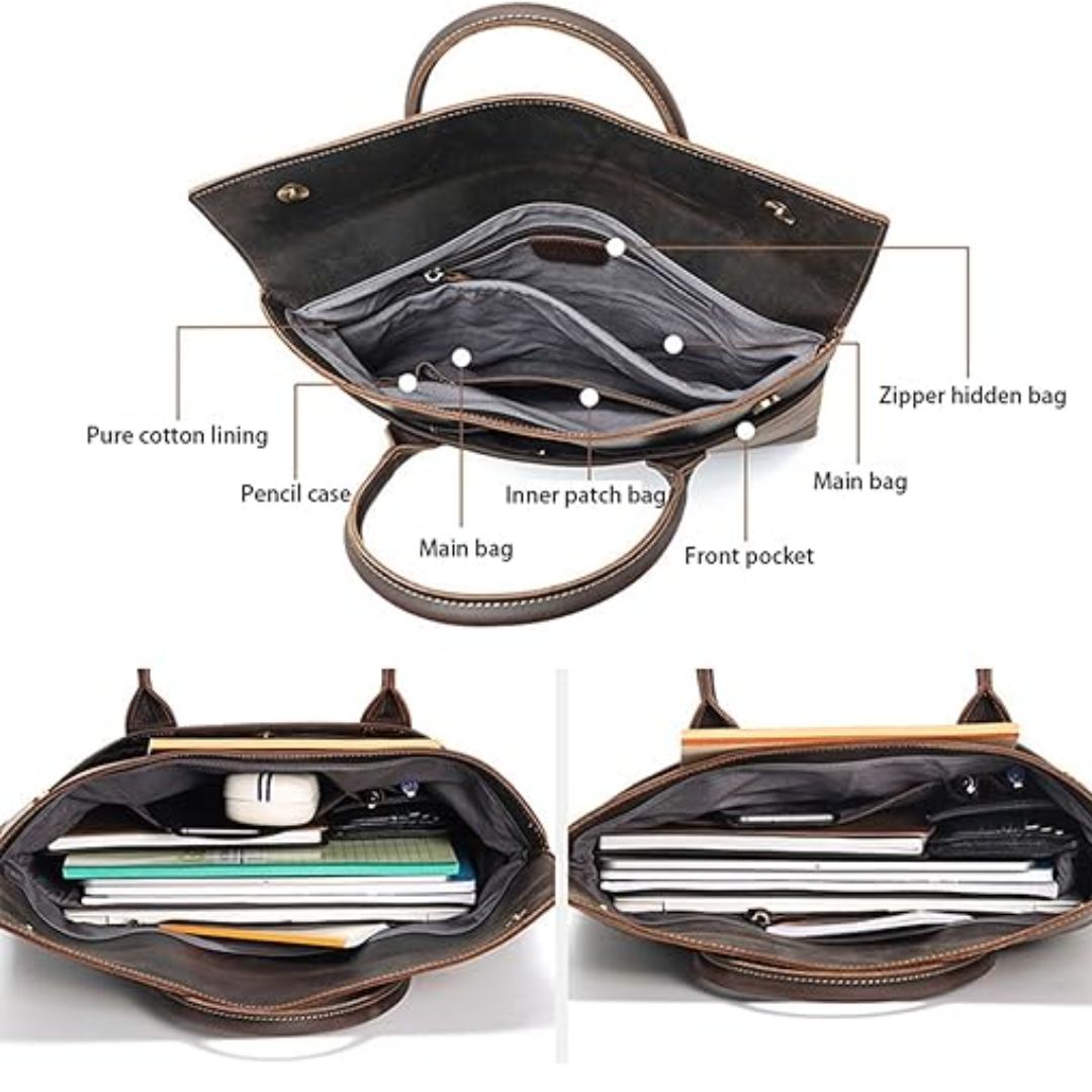 Laptoptasche aus Echtleder ⎜ Stilvolle Aktentasche mit elegantem Design und praktischen Tragegriffen