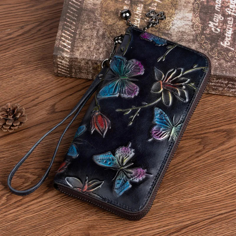 Damen Clutch mit Reißverschluss ⎜ Vintage Design mit floraler Prägung und praktischer Handgelenksschlaufe