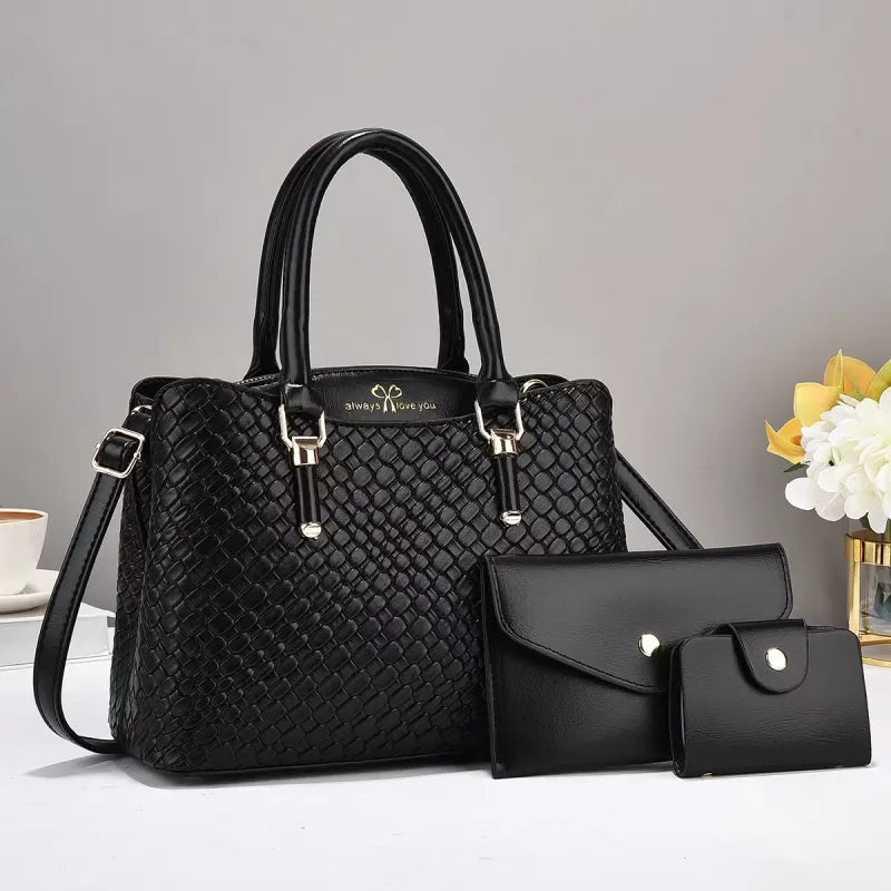 Geflochtenes Drei-Teile Set ⎜ Stilvolle Handtasche mit großer Kapazität und praktischen Accessoires