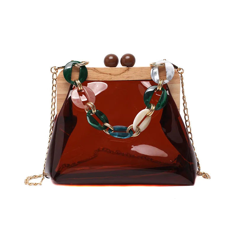Transparente Umhängetasche für Damen ⎜ Modische Tasche mit Ketten-Detail und Holzverschluss