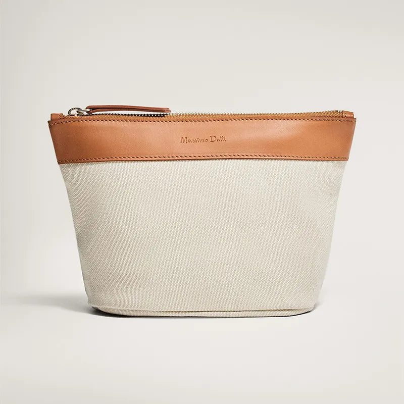 Kosmetiktasche für Damen ⎜ Robustes Baumwollmaterial mit Lederakzent und praktischem Reißverschluss-Design