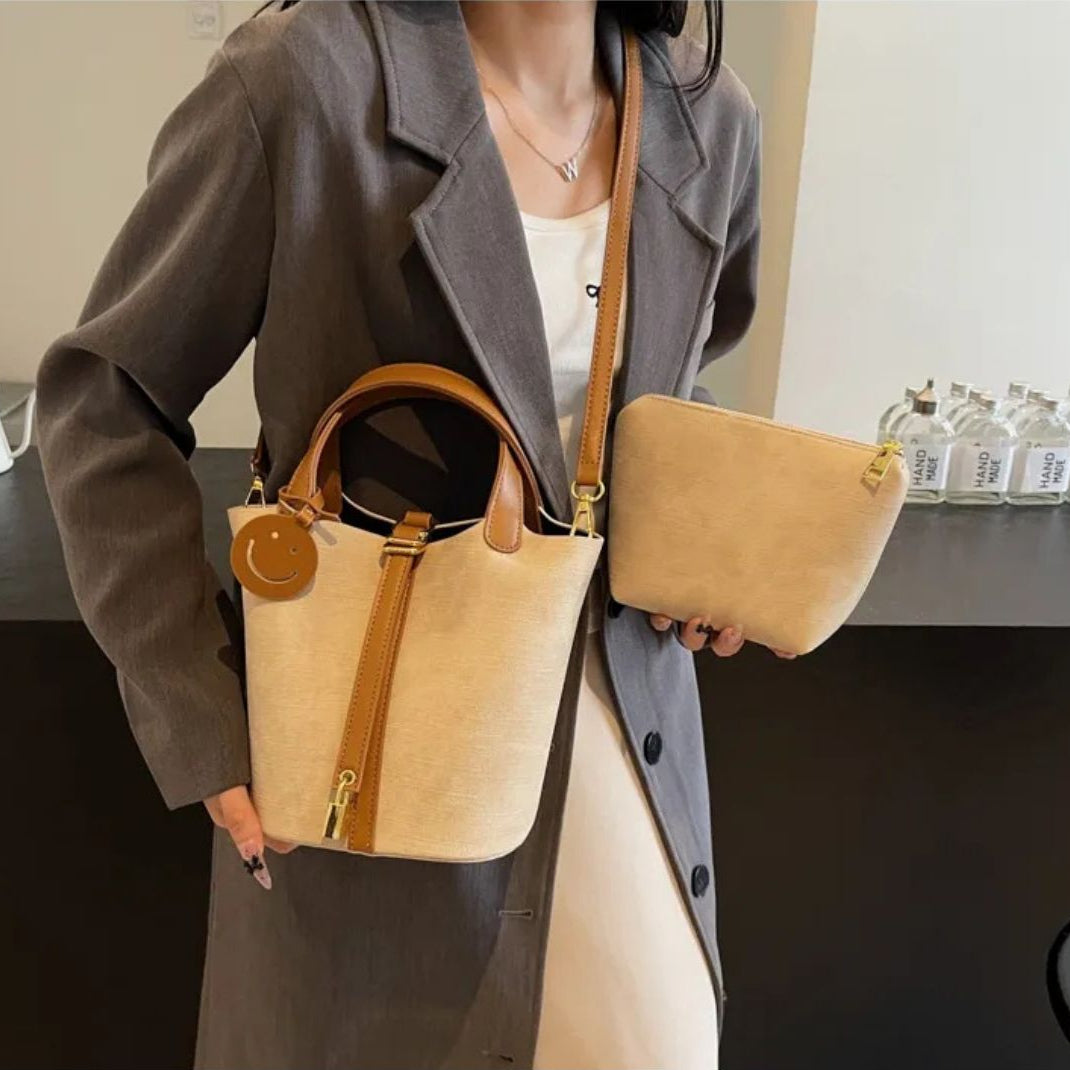 Retro Handtasche für Damen ⎜ Modische Tasche mit Smiley-Tag und verstellbarem Schulterriemen