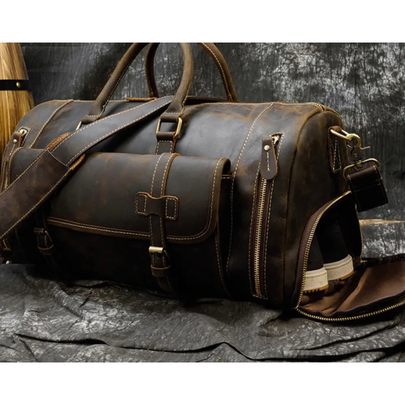 Reisetasche für Herren aus Leder ⎜ Vintage Weekender mit Schultergurt und großem Stauraum