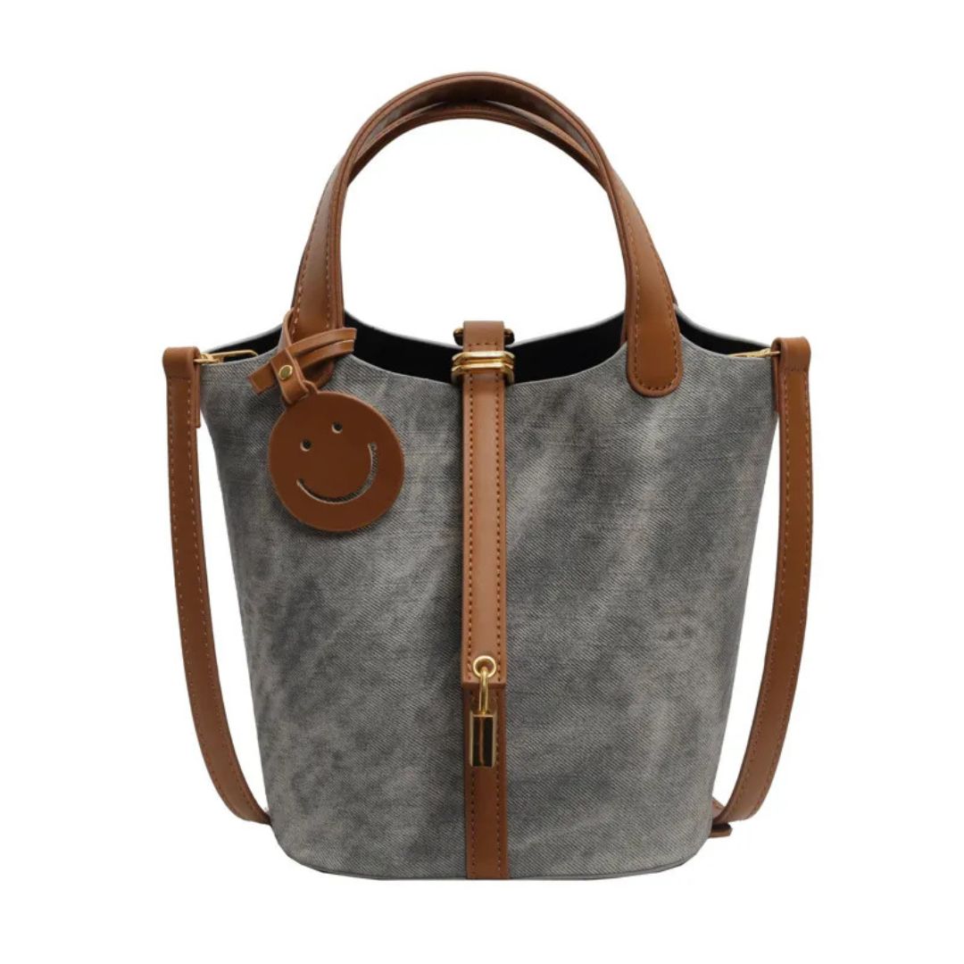 Retro Handtasche für Damen ⎜ Modische Tasche mit Smiley-Tag und verstellbarem Schulterriemen