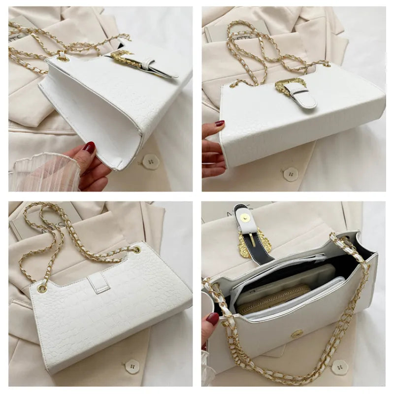 Schultertasche mit Kette ⎜ Modernes Design mit Kroko-Prägung und stilvollem goldenen Verschluss