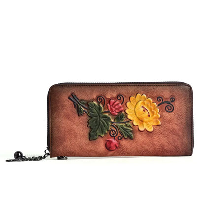 Damen Geldbörse mit Reißverschluss ⎜ Retro Design mit Blumenprägung und praktischer Handgelenksschlaufe