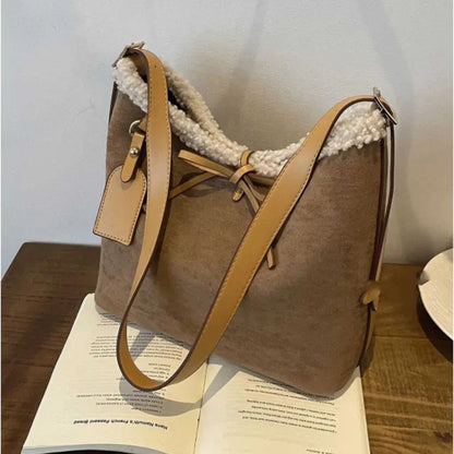 Retro Umhängetasche für Damen ⎜ Große Suede-Tasche mit weichem Futter und dekorativem Schleifenverschluss
