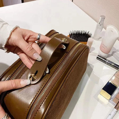 Kosmetiktasche für Damen ⎜ Große Kapazität mit Wildleder-Optik und praktischem Tragegriff