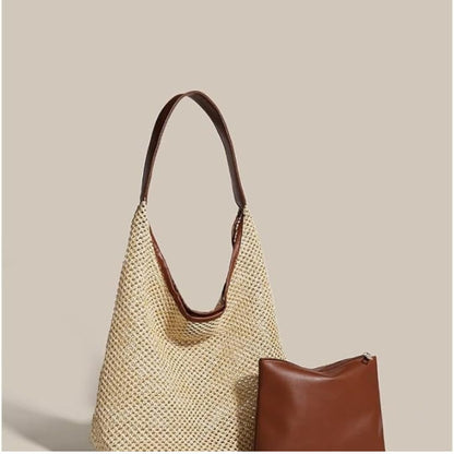 Strandtasche ⎜ Große, praktische Shopper-Tasche aus geflochtenem Stroh mit zusätzlichem Beutel