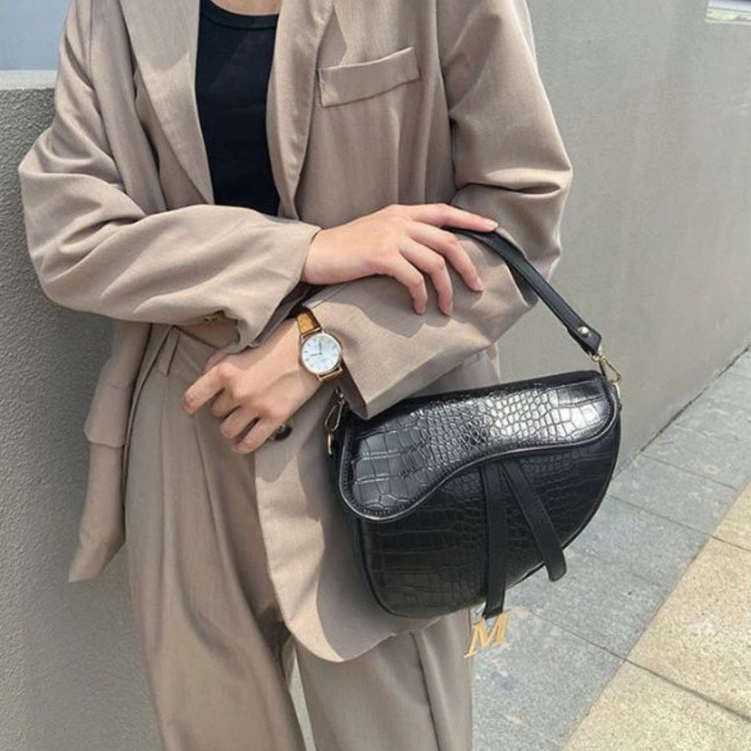 Schultertasche für Damen ⎜ Krokodil-Design mit verstellbarem Riemen und goldener Verzierung