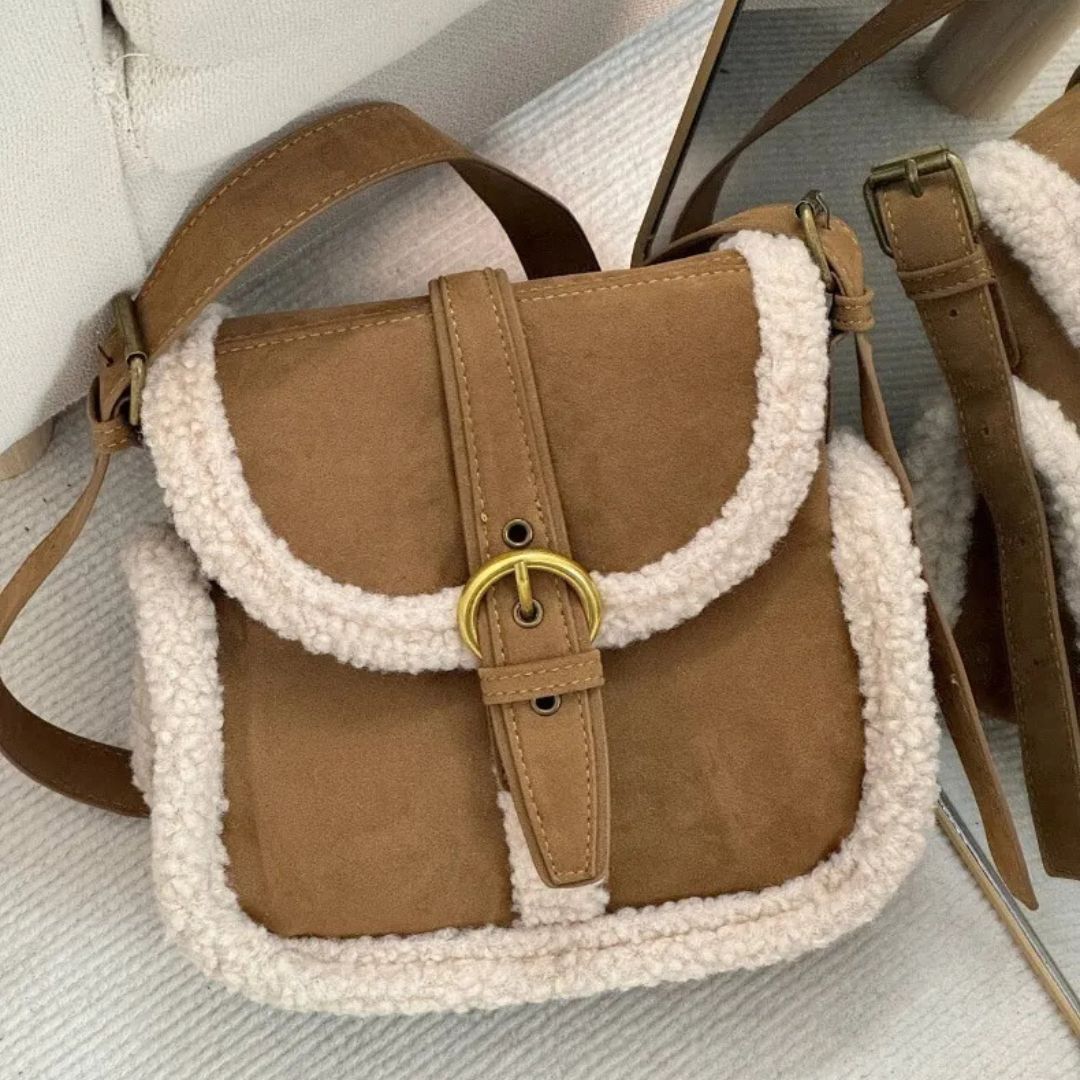 Vintage Umhängetasche für Damen ⎜ Modische Tasche aus Lammwolle mit eleganter Schnallenverschluss