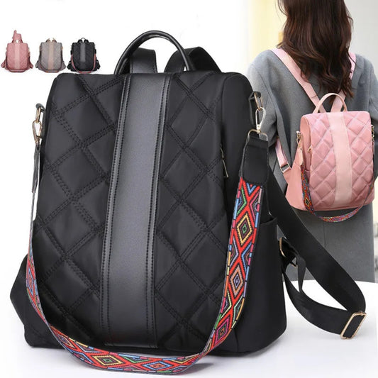 Damen Rucksack ⎜ Modischer Rauten-Design Träger mit buntem Schulterriemen