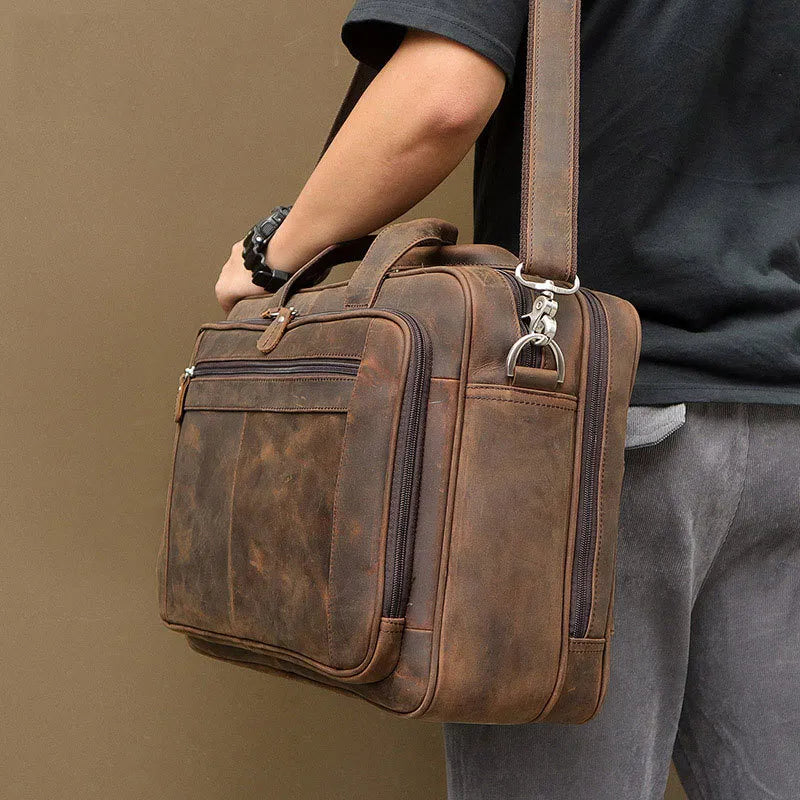 Leder Laptop Tasche für Herren ⎜ Robuste Umhängetasche mit mehreren Fächern für Business und Freizeit