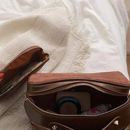 Kosmetiktasche für Damen ⎜ Große Kapazität mit Wildleder-Optik und praktischem Tragegriff