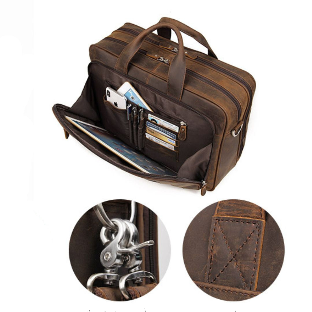 Leder Laptop Tasche für Herren ⎜ Robuste Umhängetasche mit mehreren Fächern für Business und Freizeit
