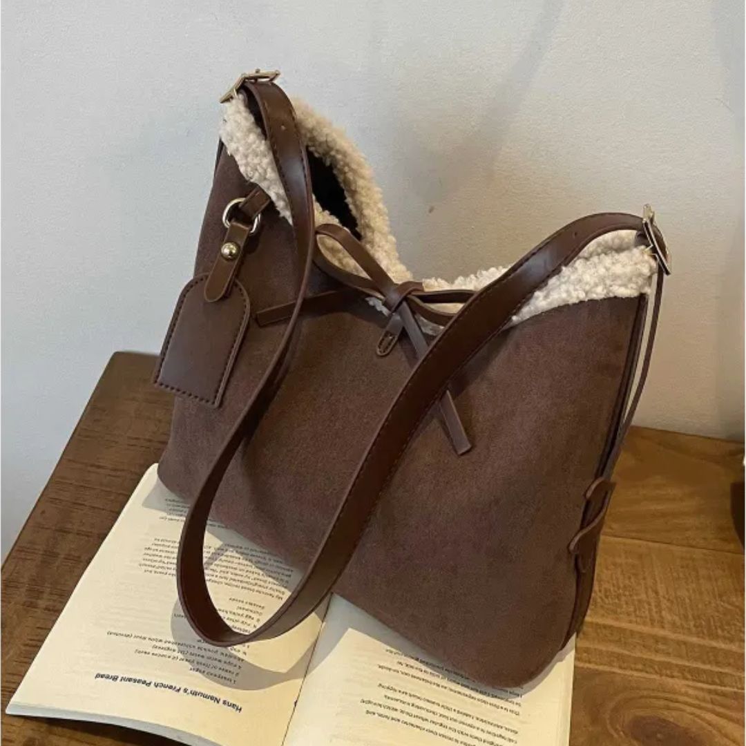 Retro Umhängetasche für Damen ⎜ Große Suede-Tasche mit weichem Futter und dekorativem Schleifenverschluss