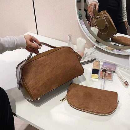 Kosmetiktasche für Damen ⎜ Große Kapazität mit Wildleder-Optik und praktischem Tragegriff