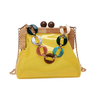 Transparente Umhängetasche für Damen ⎜ Modische Tasche mit Ketten-Detail und Holzverschluss