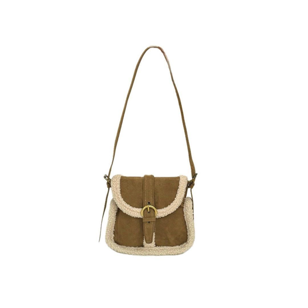 Vintage Umhängetasche für Damen ⎜ Modische Tasche aus Lammwolle mit eleganter Schnallenverschluss