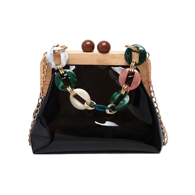 Transparente Umhängetasche für Damen ⎜ Modische Tasche mit Ketten-Detail und Holzverschluss