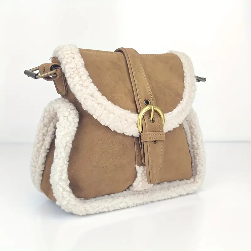 Vintage Umhängetasche für Damen ⎜ Modische Tasche aus Lammwolle mit eleganter Schnallenverschluss