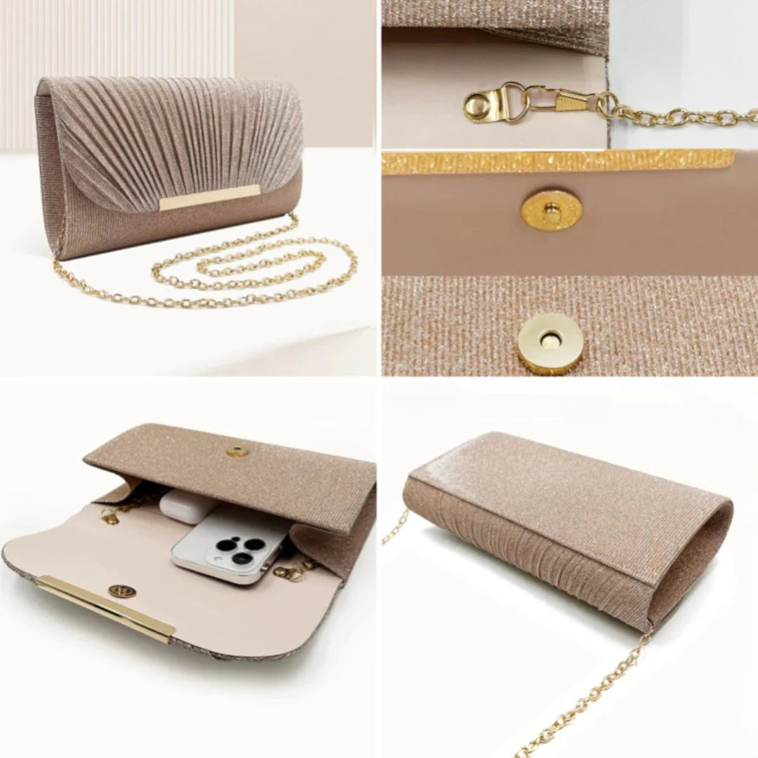 Elegante Clutch für Damen ⎜ Glitzernde Abendtasche mit edlem Faltendesign und Metallverschluss