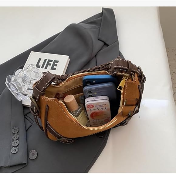 Retro Schultertasche ⎜ Modisches Design mit geflochtenem Henkel und praktischen Riemenverschlüssen