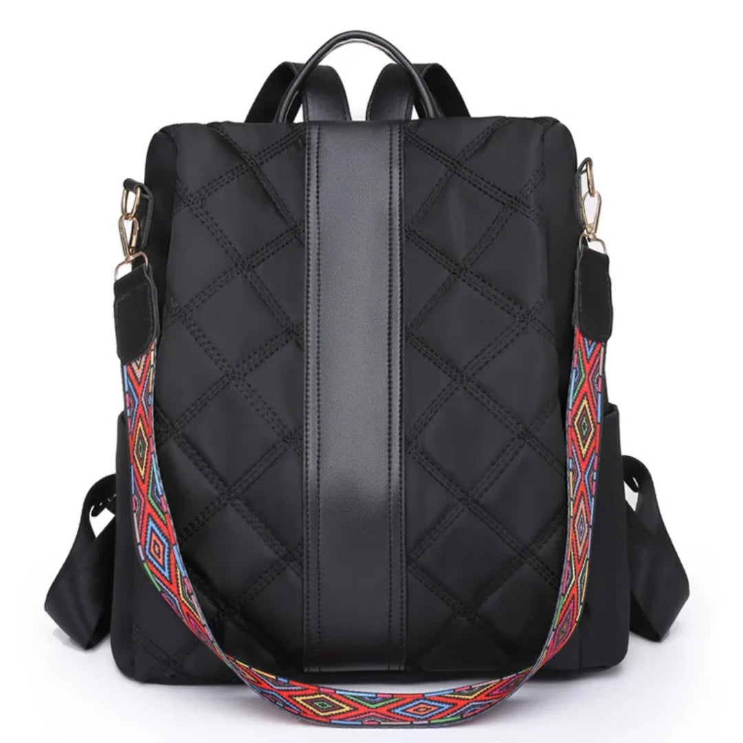 Damen Rucksack ⎜ Modischer Rauten-Design Träger mit buntem Schulterriemen