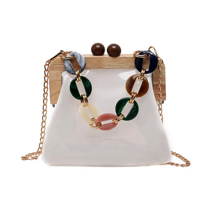 Transparente Umhängetasche für Damen ⎜ Modische Tasche mit Ketten-Detail und Holzverschluss