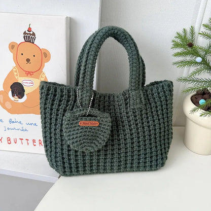 Handgefertigte Stricktasche für Damen ⎜ Niedliche Wolltasche mit praktischen Griffen und zusätzlichem Beutel