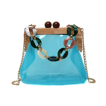 Transparente Umhängetasche für Damen ⎜ Modische Tasche mit Ketten-Detail und Holzverschluss