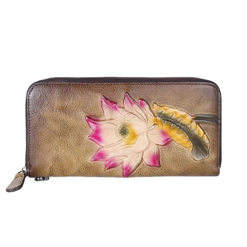 Damen Geldbörse mit Reißverschluss ⎜ Langes Design mit mehreren Kartenfächern und retrofarbenem Blumenmuster