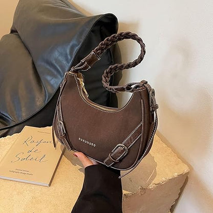 Retro Schultertasche ⎜ Modisches Design mit geflochtenem Henkel und praktischen Riemenverschlüssen